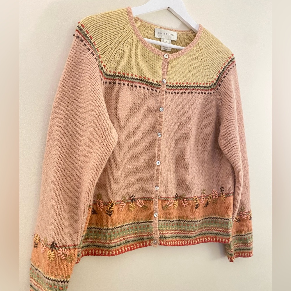 Vintage Pink and Tan Fuzzy Knit Floral and Striped Embroidered Cardigan